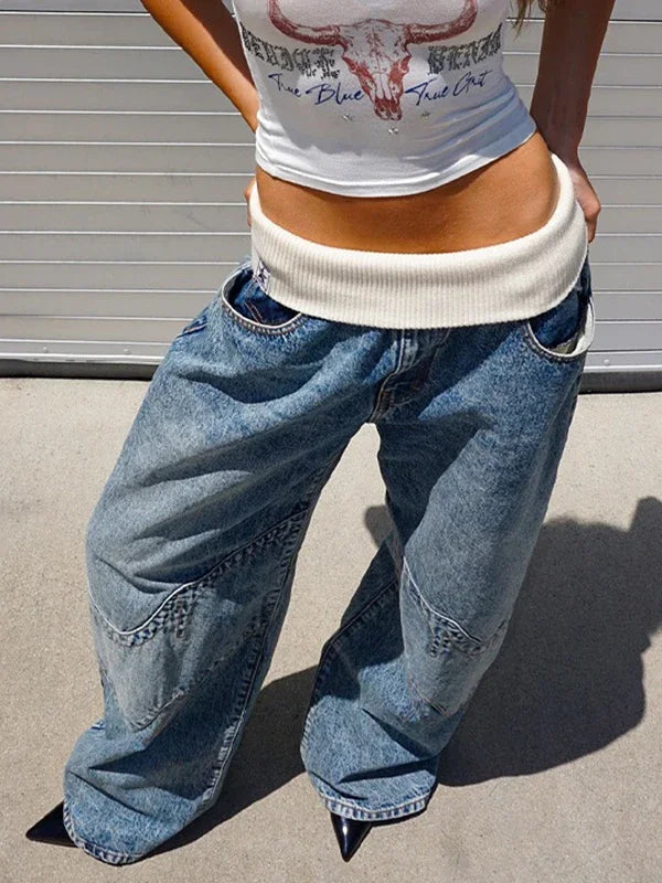 Korean Style Retro Washed Blue Elastic Jeans Women's Y2K Explosions Popular Harajuku hip-hop Gothic Casual Joker Street Wear