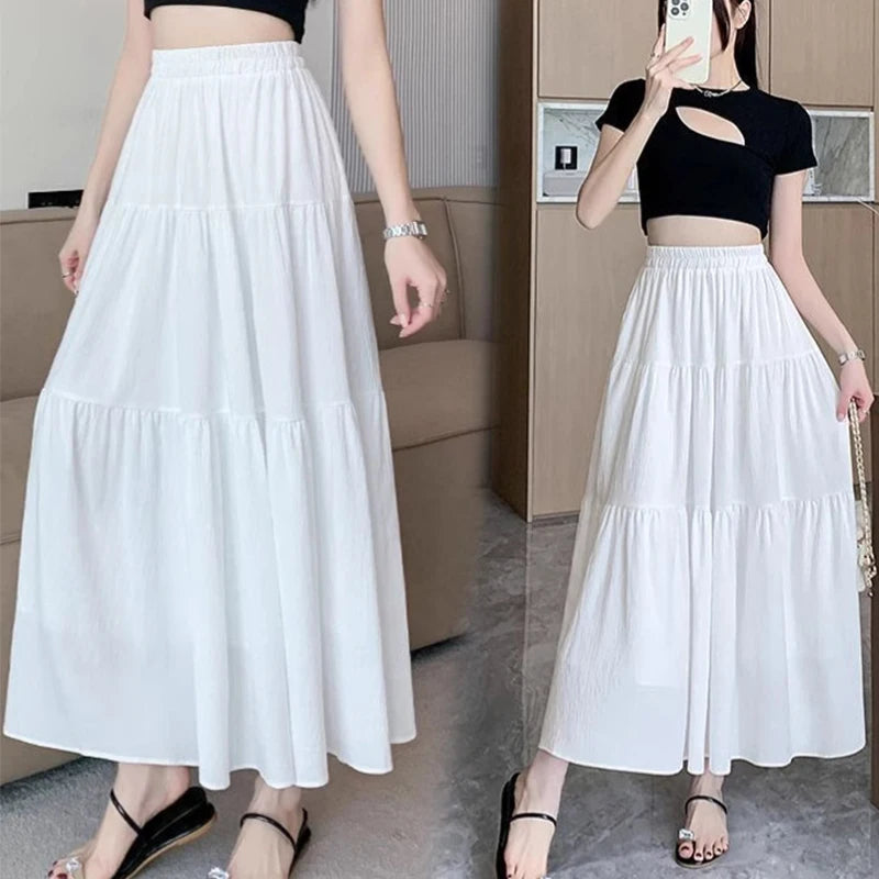 1pcs Women Skirts Girls High Waist Chic Long Cake A-line Skirt Female White Black Vintage Fashion With Lining Long Dress