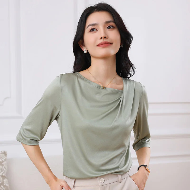 Summer Triacetate Women'S T-Shirt With Three-Quarter Sleeves Silky And Cool Short-Sleeved Asymmetrical Off-Shoulder Design