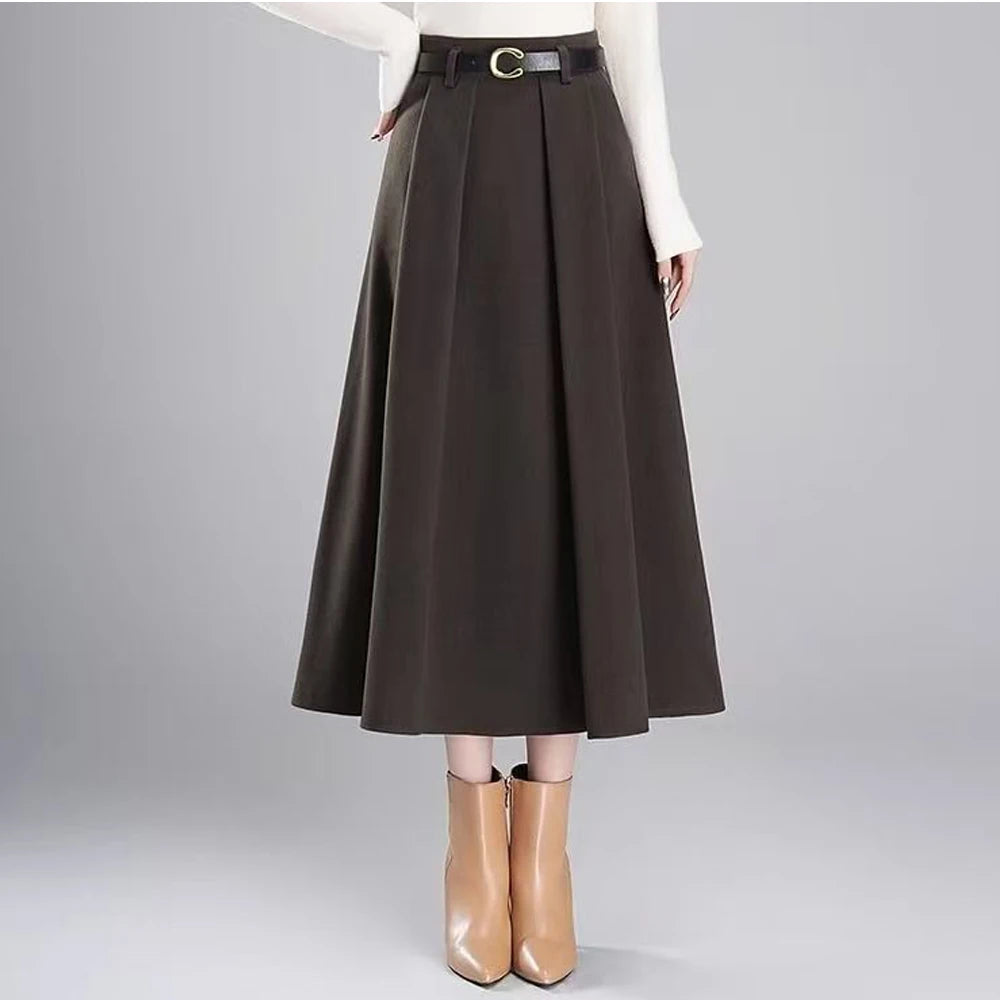 FairyShely Vintage Pleated Short Skirt Women 2026 Autumn Winter Woolen High Waist Belt Black Skirts Female Pocket A-line Skirt