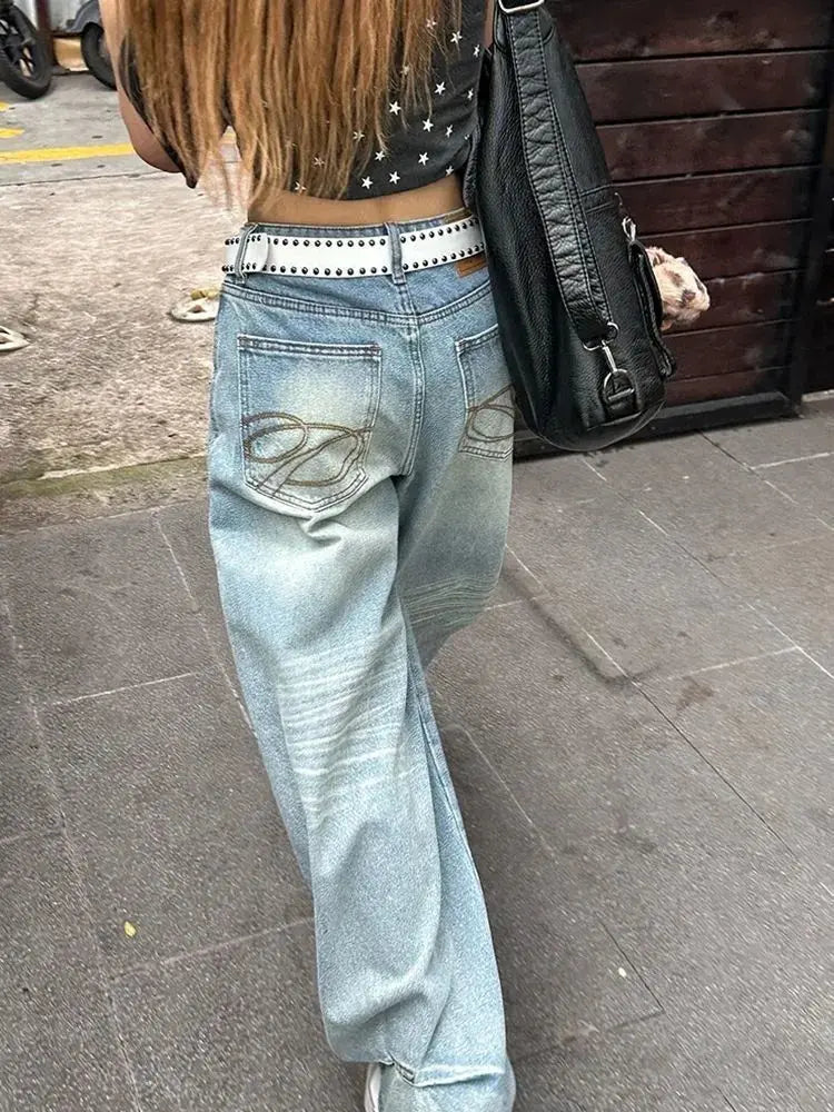 Casual Vintage Y2k Embroidery Jeans Women Blue High Waist Straight Baggy Denim Trousers American Retro 90s Street Wide Leg Jeans