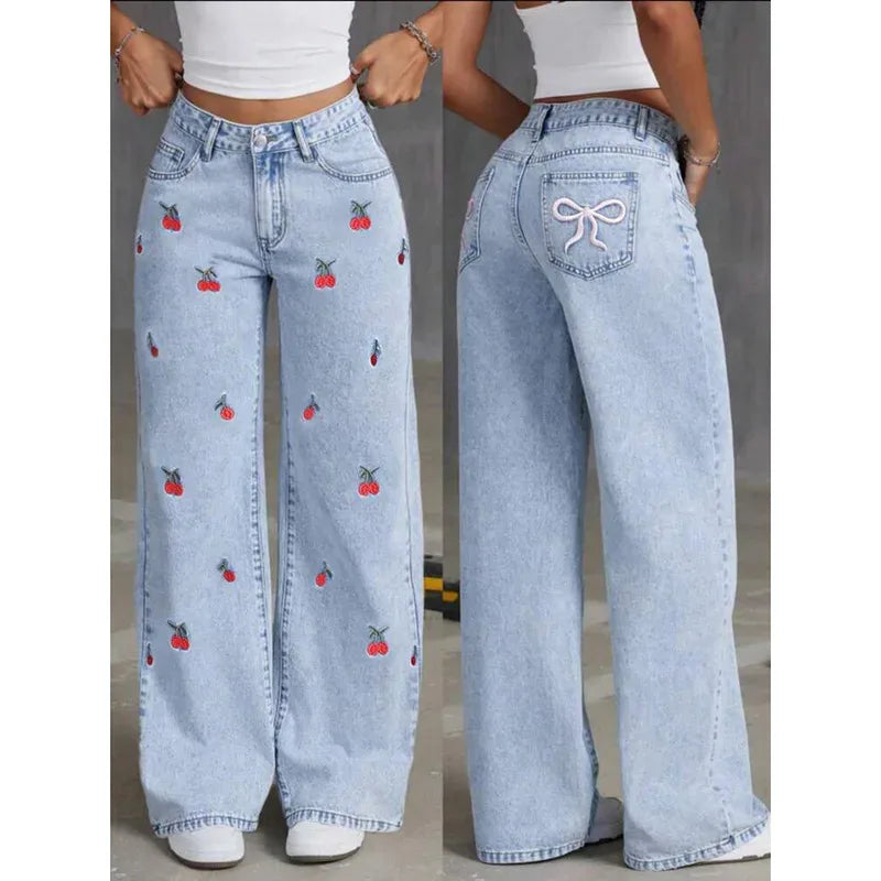 Women Jeans Embroidery High Waist Distressed Washed Pockets Vintage Floor Length Trousers 2025 Denim Wide Leg Pants Streetwear